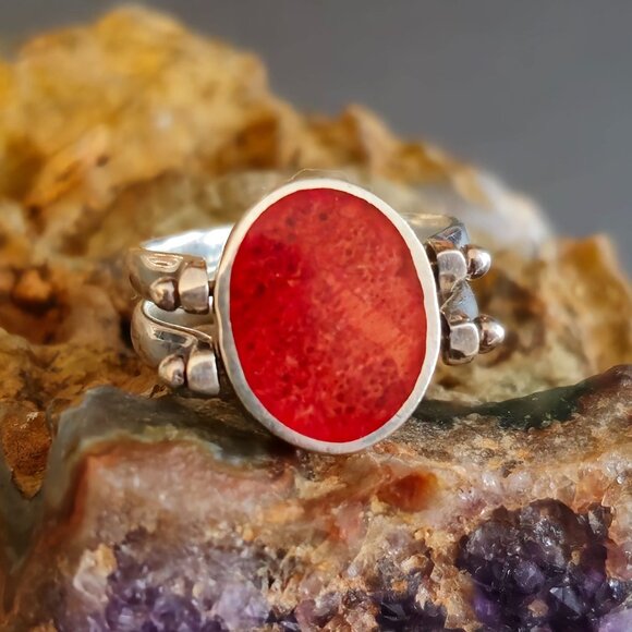 Sterling Silver Reversible Inlay Set Oval Red Coral & Turquoise Ring Size 7.75 - Picture 3 of 15